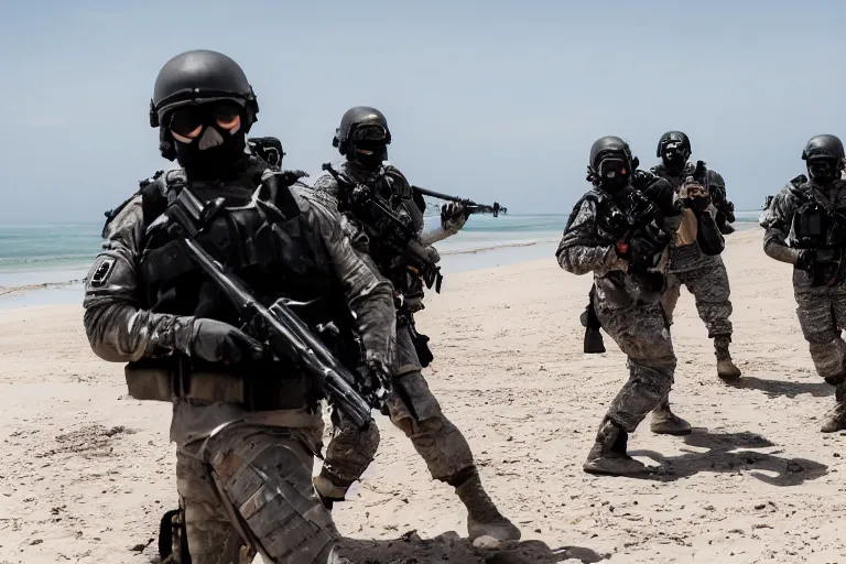 Prompt: Mercenary Special Forces soldiers in grey uniforms with black armored vest and black helmets assaulting a contested beach landing in 2022, Canon EOS R3, f/1.4, ISO 200, 1/160s, 8K, RAW, unedited, symmetrical balance, in-frame, combat photography, colorful