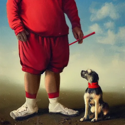 Prompt: a man in cheap and red used sportswear. he is smoking a cigarette. he is sitting on a dead dog. he is on the side of the road. he is wearing slippers. it is a rural scene, in poor village, dramatic lighting, hyper detailed, surreal, hyperrealism, oil painting