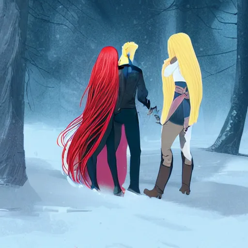 Image similar to A woman and a man are standing in the snow, the woman is leaning against the man, the man has long red hair, the woman has blonde long hair, the man has a red thick sword, the woman has a thin, long sword, a tree almost fully covered in bulky snow, concept art by Fabien Charuau, trending on pixiv, fantasy art, official art, wiccan, concept art, 4k, sharp details