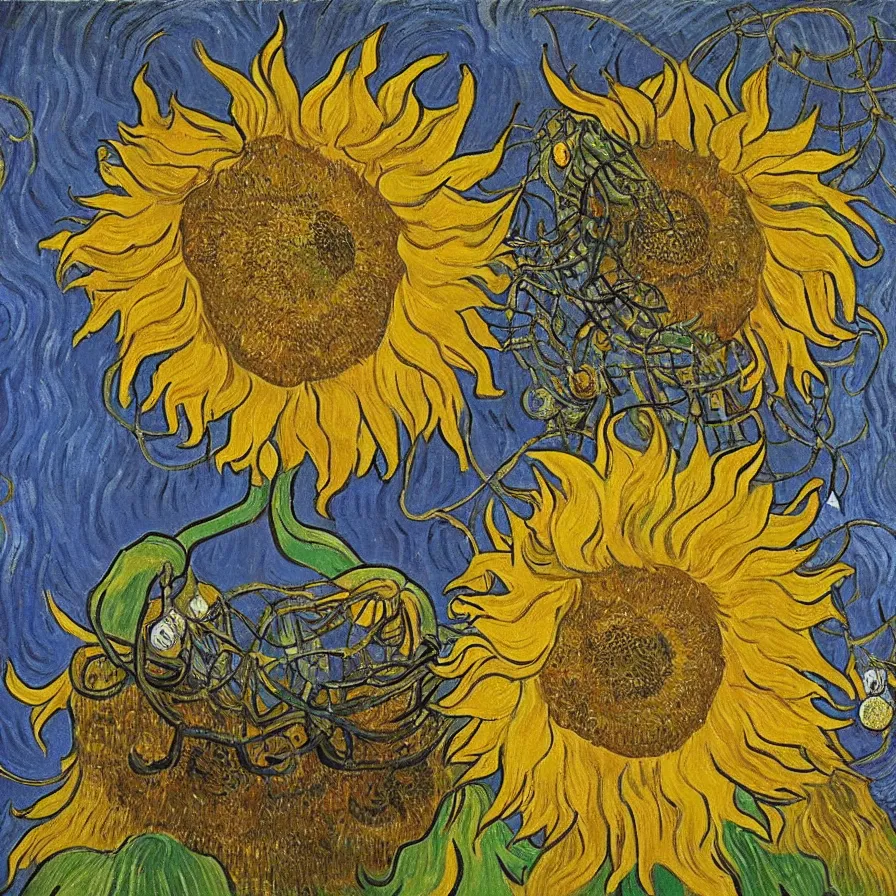 Image similar to Artwork about a magnificent sunflower within a tribal dreamcatcher that contains a huge treehouse', by Van Gogh