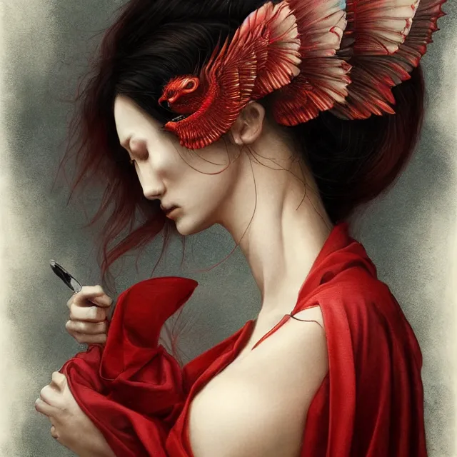 Image similar to ultra realistic illustration, beautiful woman dressed in red kimono, backview, tattoos, in the style of peter mohrbacher by weta digital and beth cavener, high face symmetry, intricate, masterpiece, award winning, high face symmetry, intricate