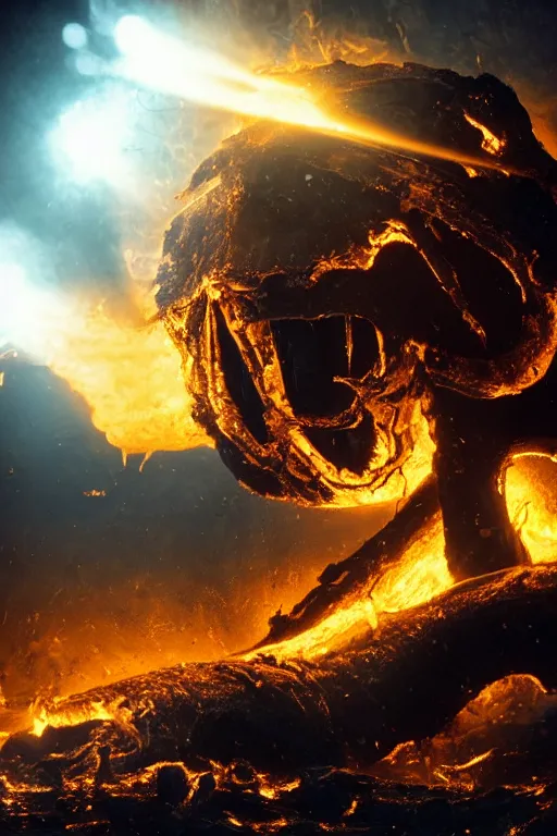 Image similar to techological leviathan attacking the burned out husk on home depot, cinematic lighting, global illumination radiating a glowing aura