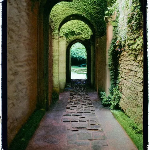 Image similar to courtyard walkway in an overgrown castle, surreal, polaroid,