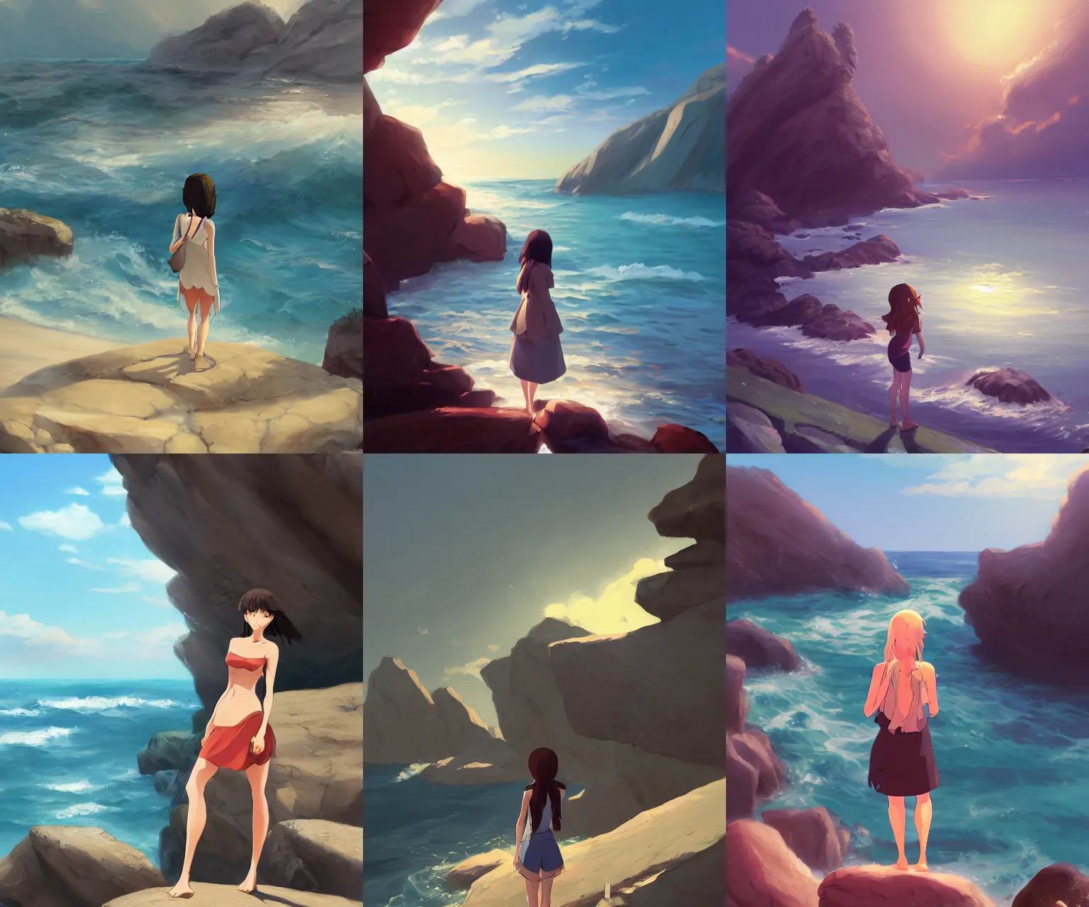 Prompt: a painting of a woman standing on a rocky beach, a storybook illustration by makoto shinkai, featured on pixiv, serial art, speedpainting, artstation hd, 2 d game art