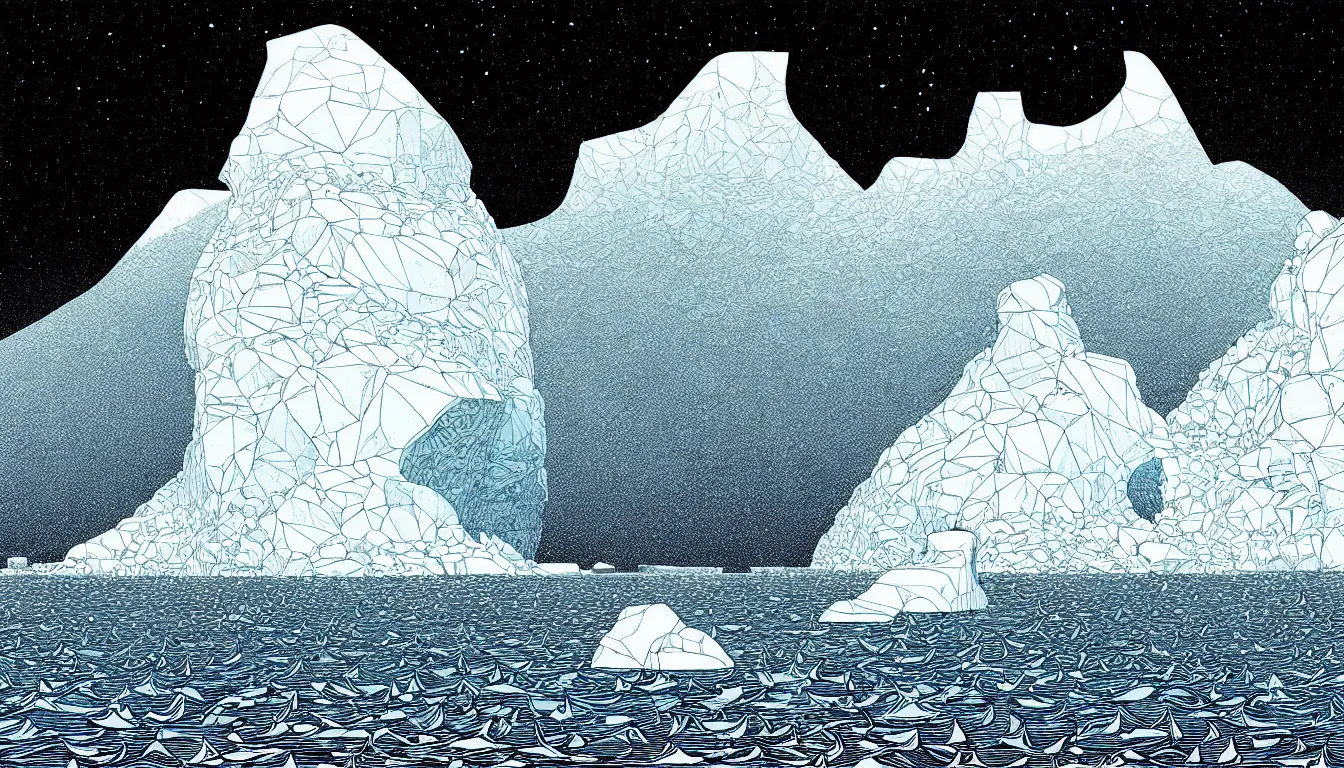 Prompt: iceberg by nicolas delort, moebius, victo ngai, josan gonzalez, kilian eng