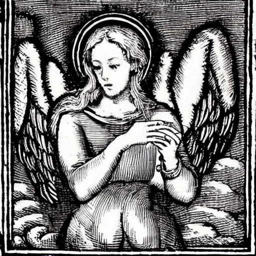 Prompt: a medieval woodcut of an angel taking a selfie for tumblr in the style of gustave dore