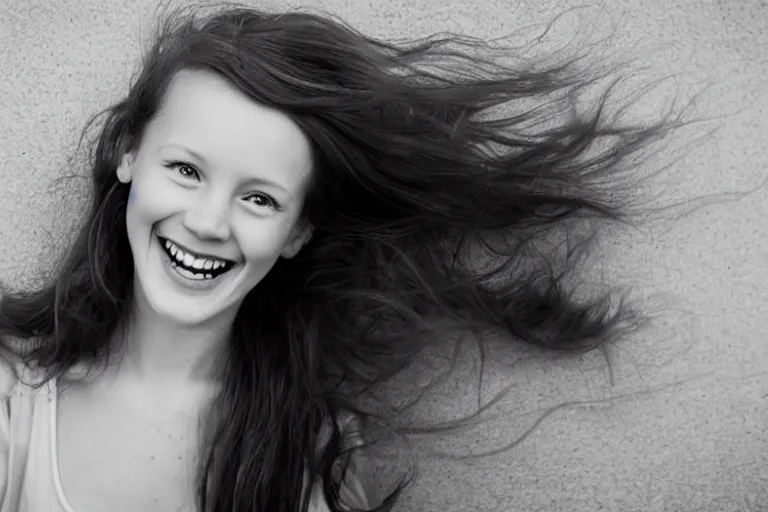 Prompt: beautiful redhead girl, smiling at camera, award winning photography, black and white
