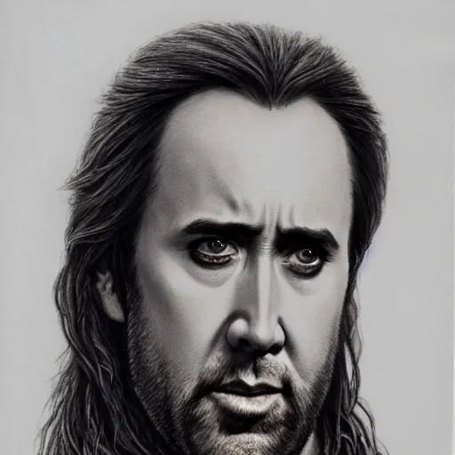 Image similar to portrait of nicolas cage as aragorn, by alan lee, lord of the rings, smooth, detailed terrain, oil painting, matte painting, concept art, trending on artstation, promotional artwork, film still, elegant, photorealistic facial features, intricate, detailed face, cinematic lighting