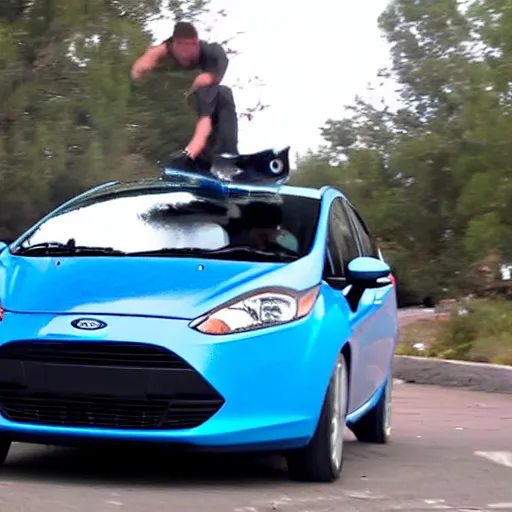 Prompt: crackhead destroying a blue 2013 ford fiesta