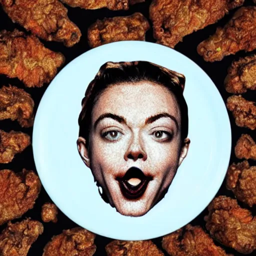 Image similar to a face made of fried chicken, fried chicken face looking like amanda seyfried