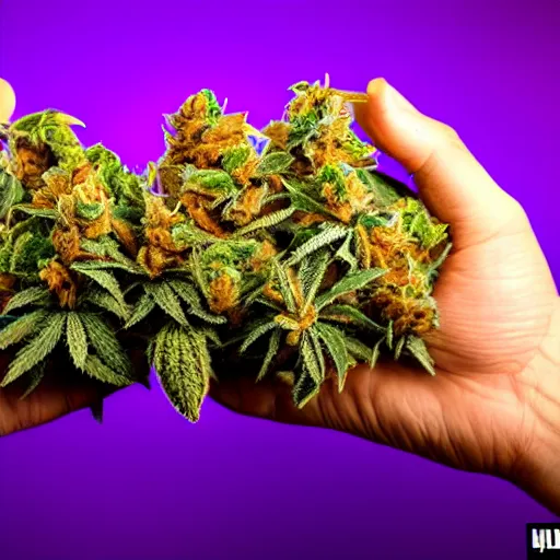 Image similar to photo in first person perspective of hand holding quality marijuana buds, 4 k, pov, phone camera flash