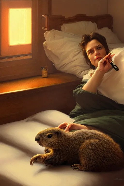 Image similar to groundhog smoking pot lies on the bed, realistic portrait, highly detailed, digital painting, artstation, concept art, smooth, sharp focus, illustration, cinematic lighting, art by artgerm and greg rutkowski and alphonse mucha