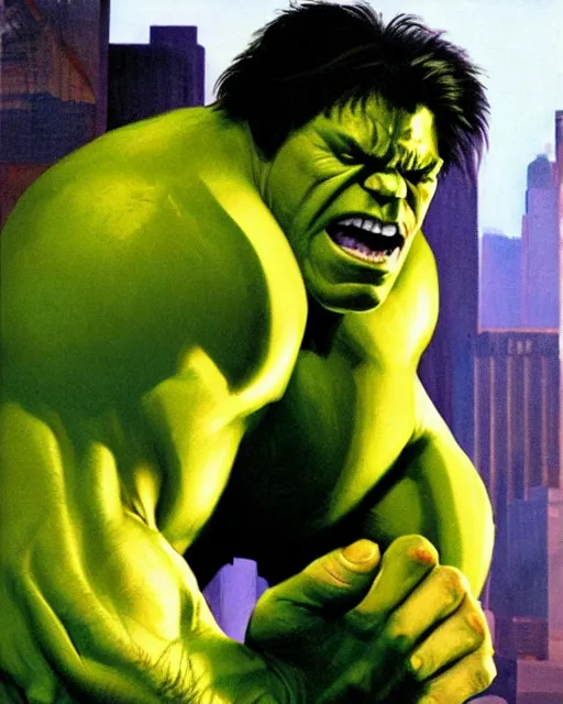 Image similar to a portrait of the incredible hulk looking angry in new york city by alex ross dramatic lighting.