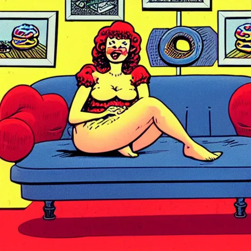 Prompt: a happy robust woman laying on a couch eating donuts, artist robert crumb