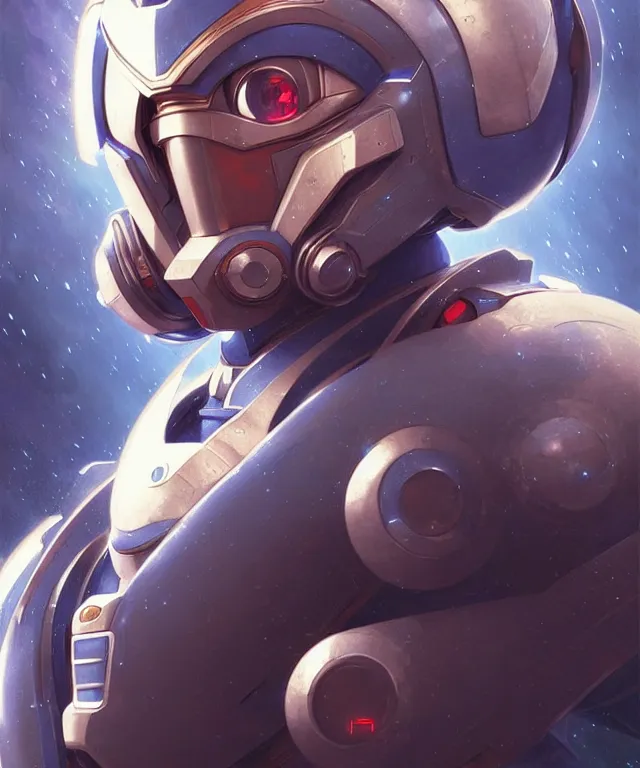 Image similar to futuristic megaman X portrait, sci-fi steampunk, fantasy, intricate, elegant, highly detailed, digital painting, artstation, concept art, smooth, sharp focus, illustration, art by artgerm and greg rutkowski and alphonse mucha