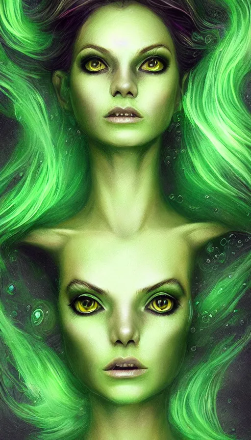 Image similar to portrait of magical green goblin female , dark fantasy, gradient green black, dreamy and ethereal, (colour) eyes, one head, golden ratio, peaceful expression, ornate frilly dress, fantasy, intricate, elegant, rainbow bubbles, highly detailed, digital painting, artstation, concept art, smooth,b sharp focus, illustration, art by artgerm and greg rutkowski and alphonse mucha