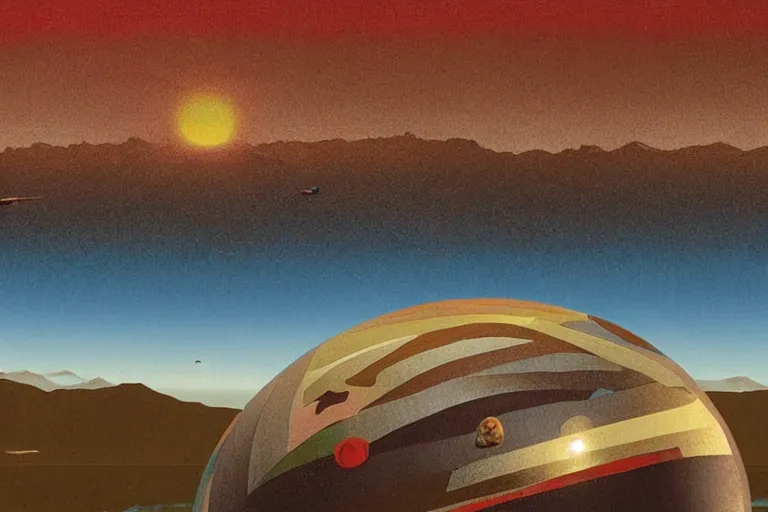 Image similar to a giant ((((metallic)))) floating sphere covered in canadian colorful aboriginal patterns!! hovering above a Yukon lake, (painted by Ralph McQuarrie), matte painting, very detailed, concept art