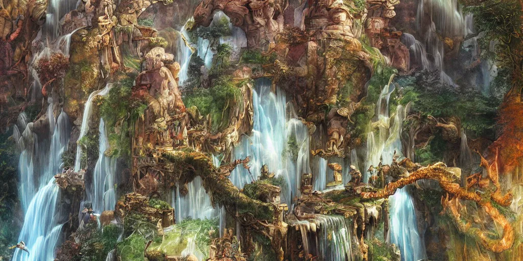Prompt: innovative waterfall the ancient gods fantasycore landscape, Precise and Intricate Linework, Art Nouveau Cosmic 4k Detailed Matte Illustration trending on Flickr ,CGSociety, Crimson and Ecru color scheme, Pastiche by Albrecht Dürer, Pastiche by Don Maitz