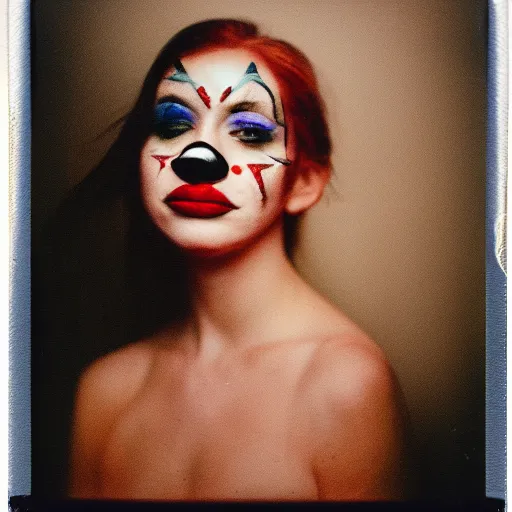 Prompt: a polaroid portrait of a beautiful woman wearing clown makeup, lit from behind, sunshine, golden hour, heavy film grain, color bleed