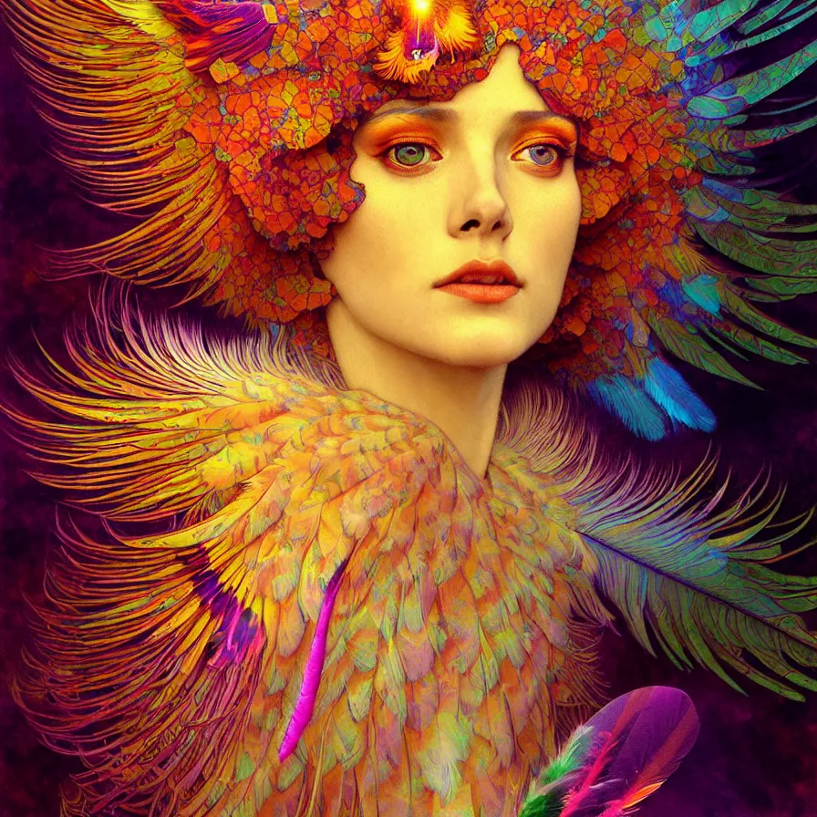 Image similar to face of innocent psychedelic transcendent feather mind bending psychedelic wings of glossy liquid honey flowing like kaleidoscopic translucent holograph, lsd feathers, feathery fluff, enlightenment, high contrast dappled lighting, refracted sunset, highly detailed, concept art, art by collier, albert aublet, krenz cushart, artem demura, alphonse mucha