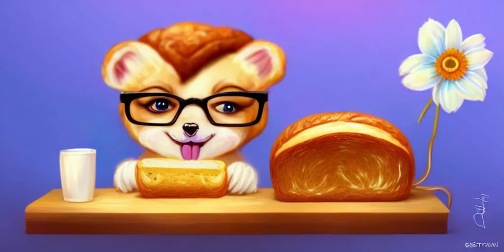 Prompt: epic professional digital art of a cute bread toast smiling wearing 👓!!!! and a blue flower!!!!, best on artstation, cgsociety, much detail, much wow, masterpiece