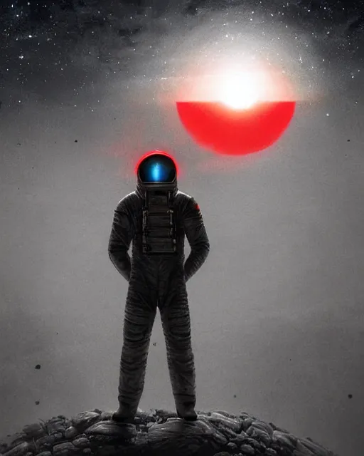 Prompt: ultra realistic, astronaut standing in front of an eerie hell cathedral on a destroyed planet in soace, there’s a large obsidian vortex in the sky in the art style of Zdzisław Beksiński, black and red background, occult, photo realistic, dark atmosphere, volumetric lighting