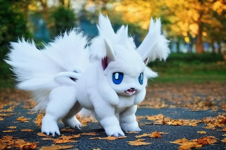 Image similar to real life absol pokemon, cute!!!, heroic!!!, adorable!!!, playful!!!, fluffly!!!, happy!!!, cheeky!!!, mischievous!!!, ultra realistic!!!, autumn, clear weather, golden hour, sharp focus