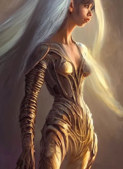 Image similar to a professional painting of a beautiful young female alien, clothed in ethereal armor, olive skin, long dark hair, beautiful bone structure, symmetrical facial features, intricate, elegant, digital painting, concept art, smooth, sharp focus, illustration, from Valerian and the City of a Thousand Planets, by Ruan Jia and Mandy Jurgens and Artgerm and William-Adolphe Bouguerea