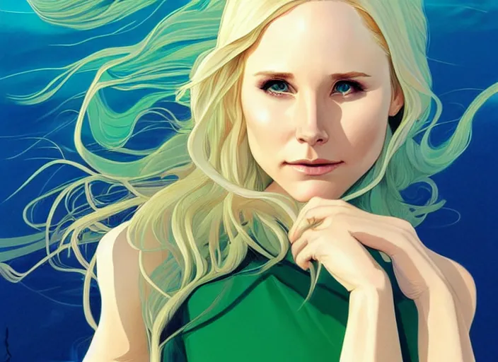 Prompt: style artgerm, joshua middleton, beautiful kristen bell with green dress, very long blue hair, symmetrical face, symmetrical eyes, water powers water swirling, detailed, beach setting, cinematic lighting