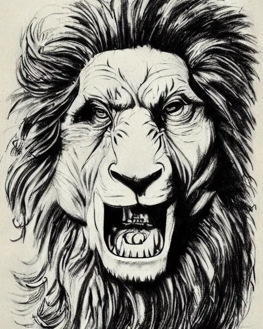 Image similar to a creature with the body and eyes of a man, with the beak of an eagle, the mane of a lion, and the horns of an ox. drawn by frank frazetta