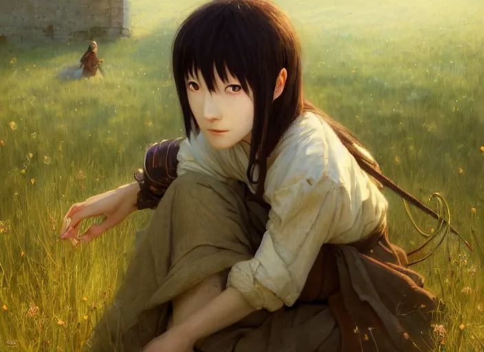 Prompt: lain iwakura from serial experiments lain as medieval peasant in the field in spring wonderful masterpiece highly detailed scifi, beautiful cinematic light deep focus, elegant, digital painting, smooth, sharp focus, golden ratio, dramatic illumination, ultra realistic, 4 k, art by greg rutkowski wlop rossdraws