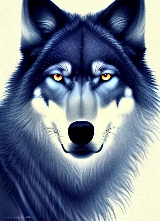 Image similar to dark blue wolf, red eyes highly detailed, deep focus, elegant, digital painting, smooth, sharp focus, illustration, ultra realistic, 8 k, art by wlop