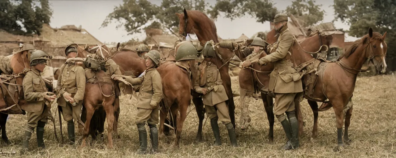 Image similar to soldiers feeding horses spaghetti, world war 1, canon 5 0 mm, kodachrome, in the style of wes anderson, retro