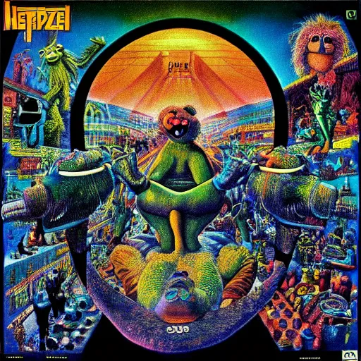 Image similar to animal the muppet on led zeppelin album cover, 8 k resolution hyperdetailed scary dystopian surrealism style of alex grey