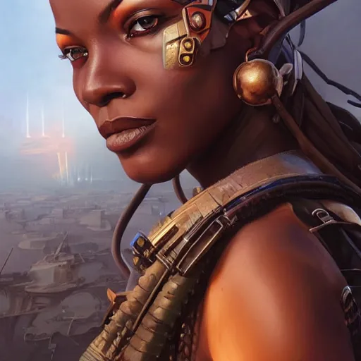 Prompt: african dieselpunk warlord, science fiction, highly detailed, digital painting, beautiful eyes, symmetry, concept art, sharp focus, illustration, global illumination, radiant light, detailed and intricate environment, art by artgerm and greg rutkowski and magali villeneuve and ilya kuvshinov!