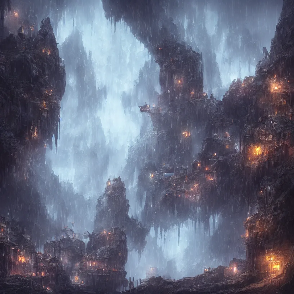 Image similar to a fantasy city built within a vast cave, illustration, raining, dark and moody lighting, digital art, fantasy, 8 k, trending on artstation, detailed