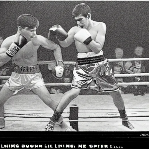 Prompt: boxing match between little mac and glass joe by neil leifer, dramatic lightning, sports photography