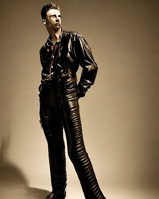 Prompt: an award - winning photo of an ancient male model wearing a plain boot cut flared distressed medieval designer menswear leather trousers designed by alexander mcqueen, 4 k, studio lighting, wide angle lens, 2 0 0 4