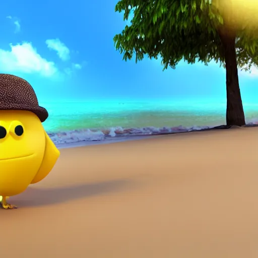 Image similar to 3 d render, of anthropomorphic lemon character, he is wearing a hat, building a sandcastle on the beach at sunset, beach, huge waves, sun, clouds, long violet and green trees, rim light, cinematic photography, professional, sand, sandcastle, volumetric lightening