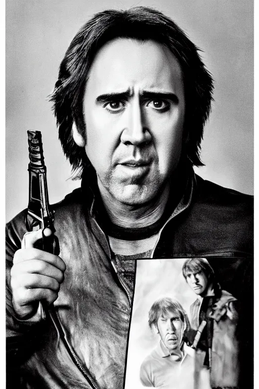 Image similar to A portrait photograph of Nicolas Cage as Luke Skywalker, award winning, by Annie Liebowitz