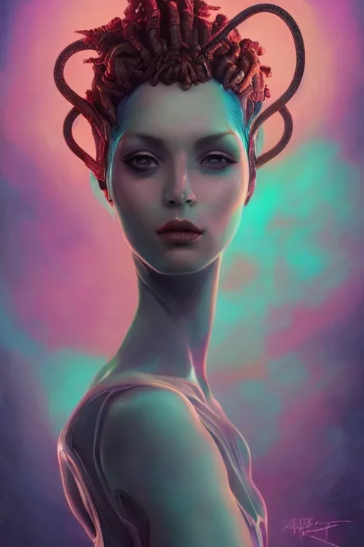 Image similar to portrait of an elegant alien queen with dreads snake hair, straight on portrait, by artgerm, tom bagshaw, gerald brom, vaporwave colors, lo fi colors, vaporwave, lo fi, 2 point studio lighting, dramatic lighting, 4 k, hd,