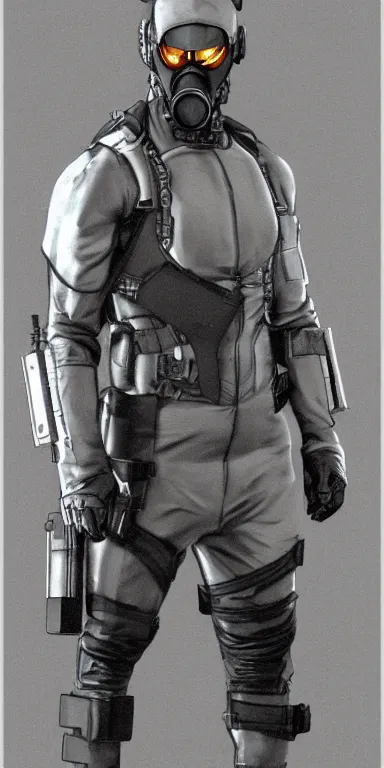 Prompt: full body cinematic shot of a male time traveling intelligence agent in a black and greyscale sealed continuity suit, masculine, simple and functional with gaiter-style gas mask, a mix between splinter cell and metal gear solid by alphonse mucha