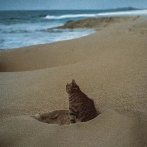 Image similar to a photo of cat making a sand castle on the beach, cinestill, 8 0 0 t, 3 5 mm, full - hd