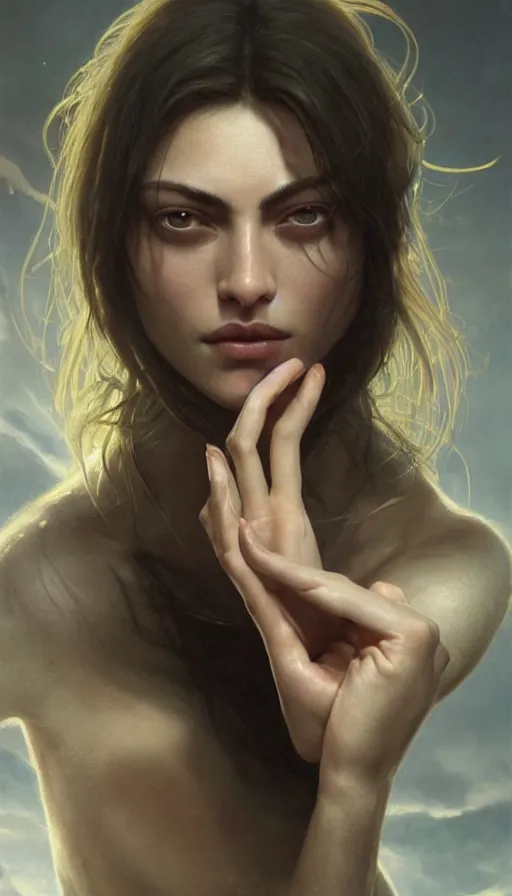 Prompt: epic masterpiece phoebe tonkin, sweaty skin, hyperrealistic, octane render, cinematic, beautiful face and flawless skin, perfect hands, 5 fingers, by edgar maxence and ross tran and michael whelan, legends of runeterra