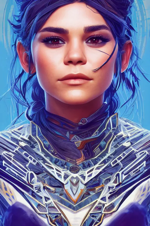 Image similar to symmetry!! portrait of vanessa hudgens in the style of horizon zero dawn, machine face, intricate, elegant, highly detailed, digital painting, artstation, concept art, smooth, sharp focus, illustration, art by artgerm and greg rutkowski and alphonse mucha, 8 k