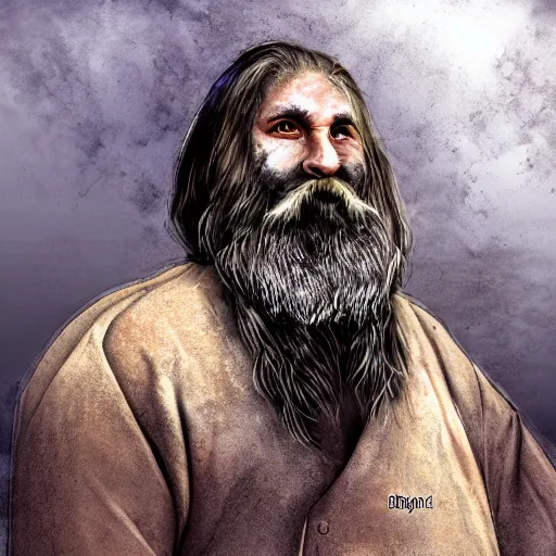 Image similar to Half-length portrait of Antares, a middle-aged dwarf man with long beard and a grave voice, that works as a master chef and lives in the nature, epic dramatic digital art.