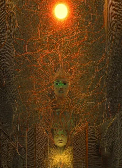 Image similar to A wall made out of eyes, flat, neon, RGB, glowing wires everywhere, pristine, by Edgar Maxence and Ross Tran, Zdzisław Beksiński, and Michael Whelan, gustav dore, H.R. Giger, 8k, octane render