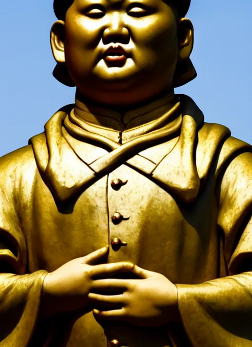 Image similar to medieval statue of kim jong un, elegant, filigree renaissance sculpture from jade, gold and brilliants, brilliant symmetry, created by verrocchio andrea, leonardo da vinci, sandro botticelli, raffaelle monti, epic 7 0 mm lens shot, artstation trending, photorealism, sharp focus, smooth, establishing shot, sense of awe