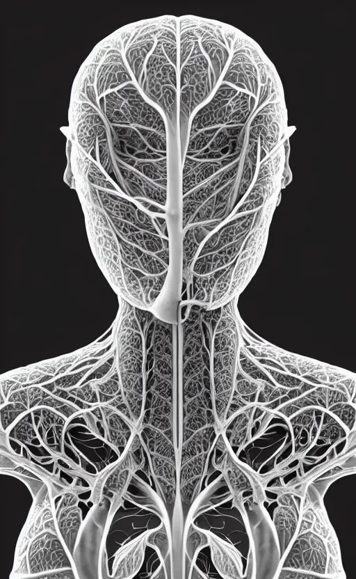 Image similar to a contrasted black and white 3D render of a beautiful female vegetal-dragon-cyborg, 150 mm, orchid stems, ivy, fine lace, Mandelbrot fractal, anatomical, flesh, facial muscles, microchip, veins, arteries, full frame, microscopic, elegant, highly detailed, flesh ornate, elegant, high fashion, rim light, octane render in the style of H.R. Giger and Man Ray