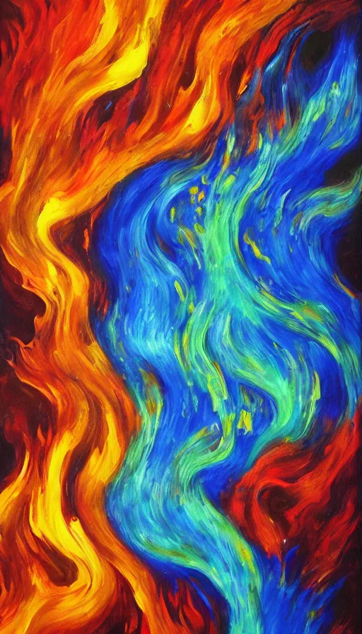 Image similar to oil painting of fire and water mixing together